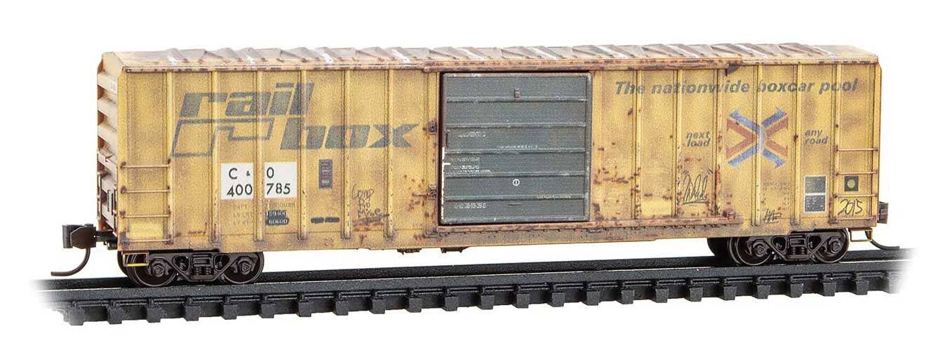 Micro Trains N 2544443 50' Rib-Side Single-Door Boxcar No Roofwalk - Chesapeake & Ohio #400785 (Weathered, Patched Ex-Railbox, yellow Series #7)