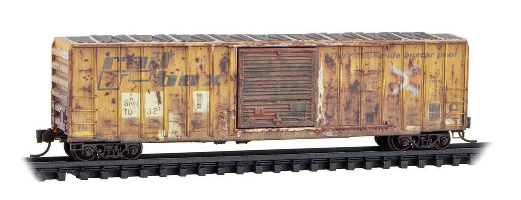 Micro Trains N 2544444 50' Rib-Side Single-Door Boxcar No Roofwalk - Sabine River & Northern #1032 (Weathered, Ex-Railbox, yellow, Series #8)