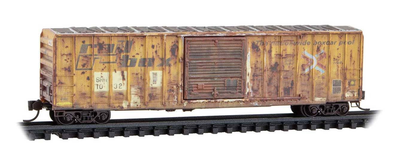Micro Trains N 2544444 50' Rib-Side Single-Door Boxcar No Roofwalk - Sabine River & Northern #1032 (Weathered, Ex-Railbox, yellow, Series #8)