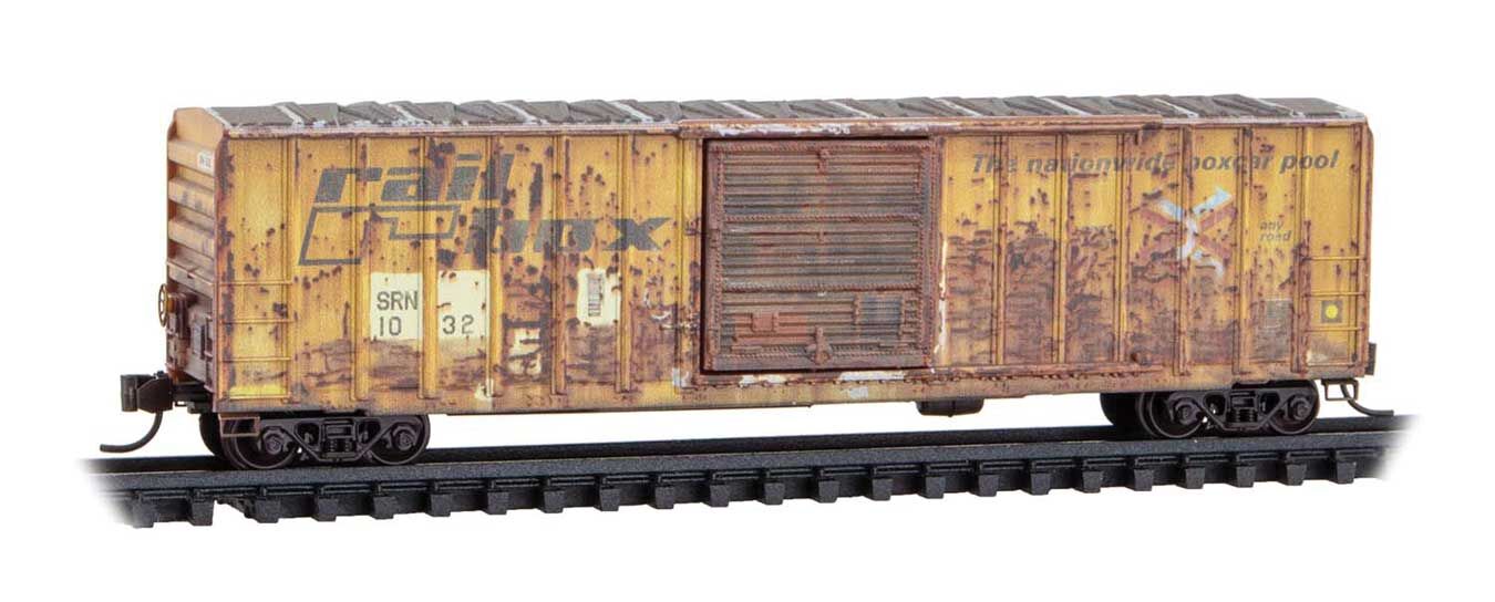Micro Trains N 2544444 50' Rib-Side Single-Door Boxcar No Roofwalk - Sabine River & Northern #1032 (Weathered, Ex-Railbox, yellow, Series #8)