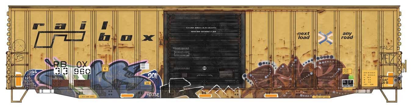 Micro Trains HO 5600003 50' Exterior-Post Modern Boxcar - Kit - Railbox #33960 (Weathered, yellow, black, graffiti)