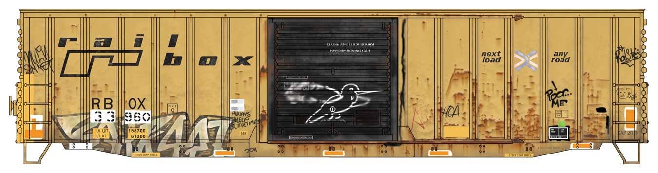 Micro Trains HO 5600003 50' Exterior-Post Modern Boxcar - Kit - Railbox #33960 (Weathered, yellow, black, graffiti)
