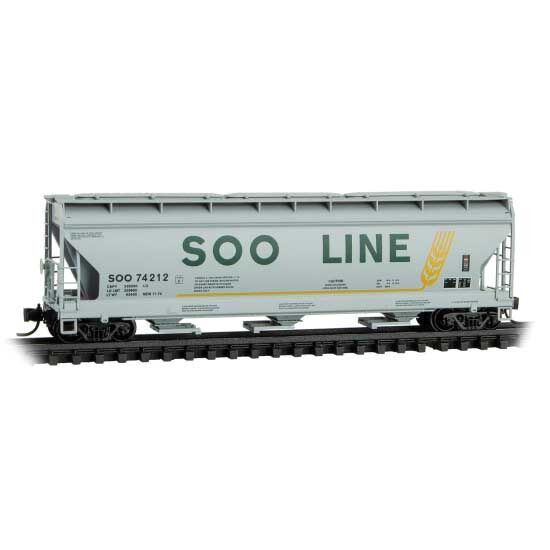 Micro Trains N 9400155 ACF 3-Bay Center Flow Covered Hopper with Elongated Hatches - Soo Line #74212 (gray, green, yellow, Colormark Logo)
