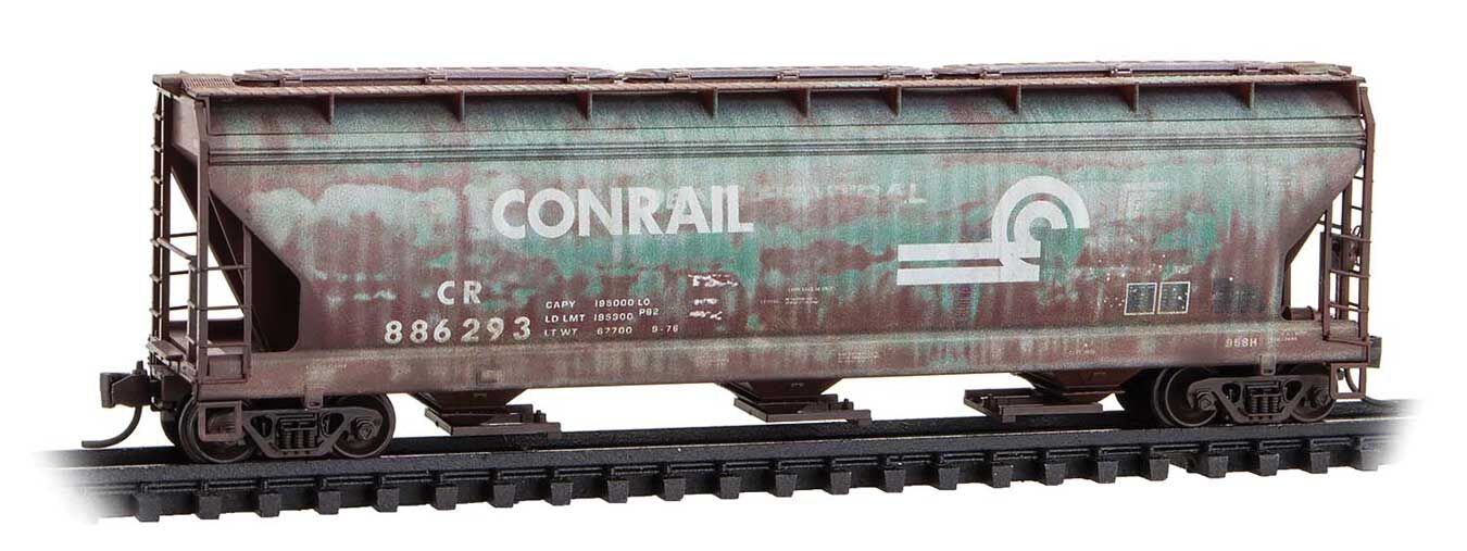 Micro Trains N 9444960 ACF 3-Bay Center Flow Covered Hopper with Elongated Hatches - Conrail #886293 (Weathered, Boxcar Red, Jade Green CR Series #1)