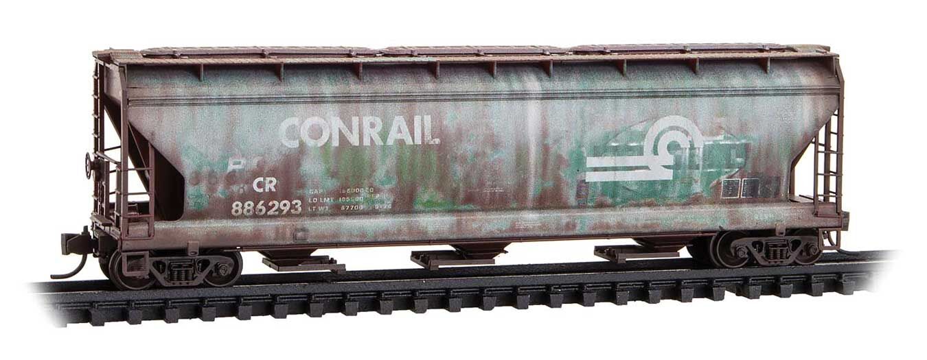 Micro Trains N 9444960 ACF 3-Bay Center Flow Covered Hopper with Elongated Hatches - Conrail #886293 (Weathered, Boxcar Red, Jade Green CR Series #1)