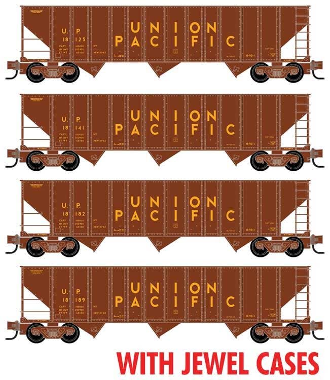 Micro Trains N 98300229 100-Ton 3-Bay Ribside Open Hopper w/Load 4-Pack - Ready to Run - Union Pacific #18125, 18141, 18189, 18182 (1962 Class H-90-1, Boxcar Red yel