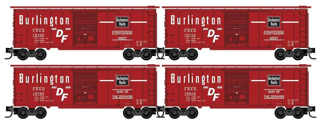 Micro Trains N 98300240 40' Single-Door Boxcar 4-Pack - Chicago, Burlington & Quincy #19759, 19774, 19793, 19816 (red, white, black)
