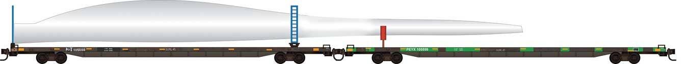 Micro Trains N 98302286 89'4" Flatcar Set w/Wind Turbine Blade & Holder Kit - Transportation Technology Services PEYX #105569, 105598 (BNSF Turbine Train)