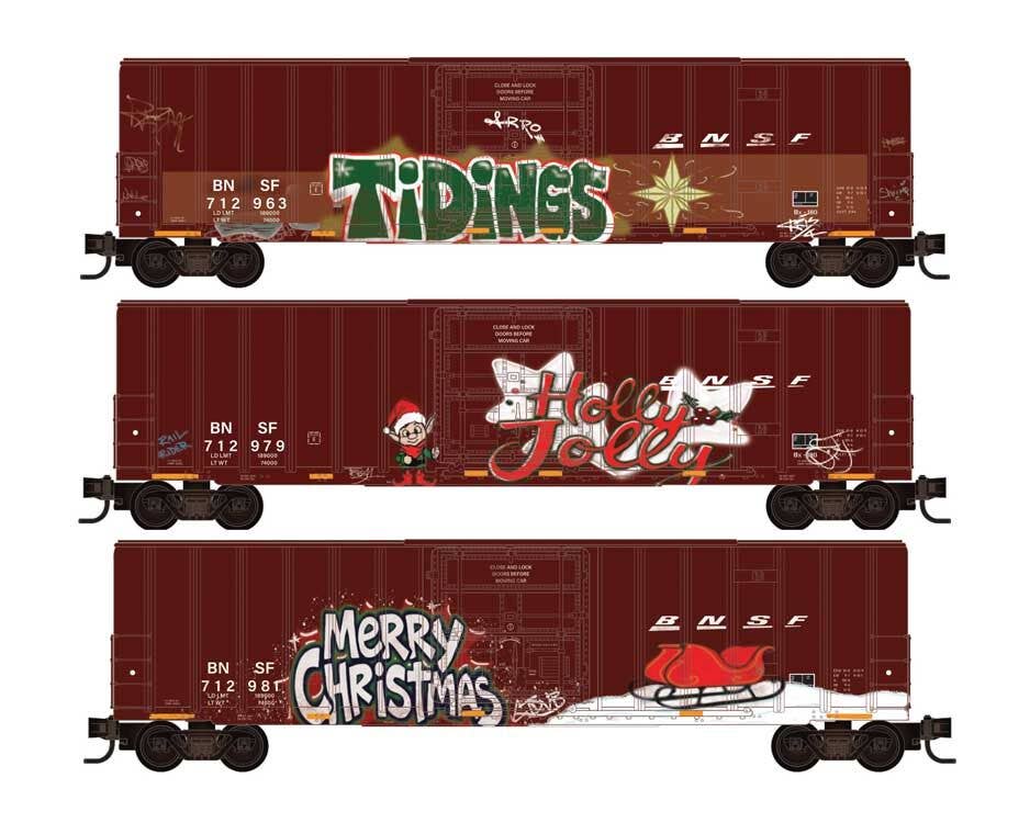 Micro Trains N 98302289 50' Rib-Side Plug-Door Boxcar No Roofwalk 3-Pack - BNSF Christmas Graffiti