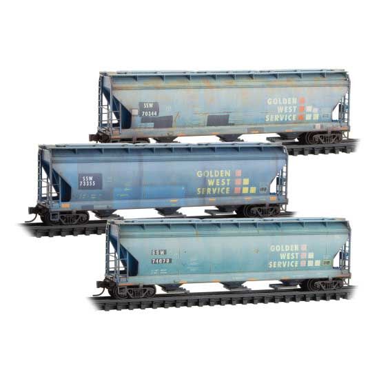 Micro Trains N 98305092 ACF 3-Bay Center Flow Covered Hopper w/Elongated Hatches 3-Pack - Cotton Belt SSW 70344, 73355, 74679 (Weathered, Ex-Golden West, blue)