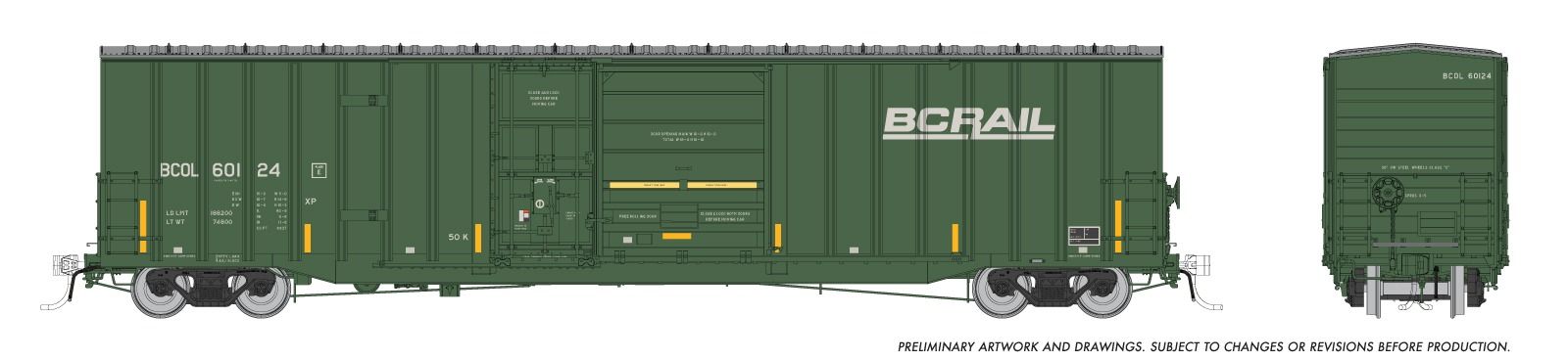 Rapido 191003A HO Trenton Works 6637cuft boxcar: BC Rail - faded w/conspicuity stripes: Single Car #1