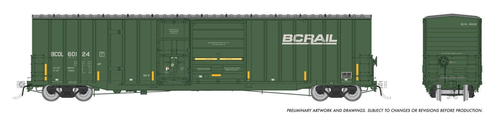 Rapido 191003 HO Trenton Works 6637cuft boxcar: BC Rail - faded w/conspicuity stripes: 6-Pack #1