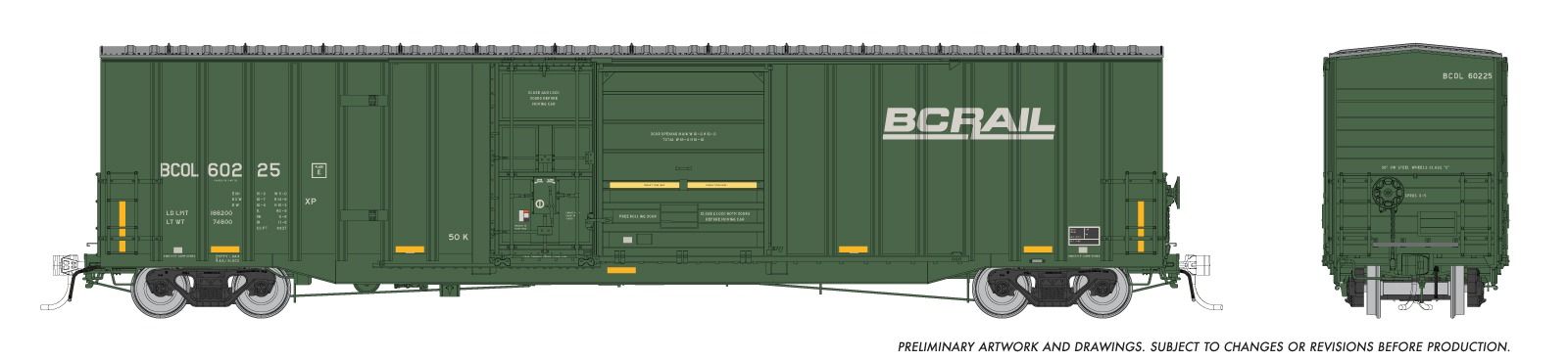 Rapido 191004 HO Trenton Works 6637cuft boxcar: BC Rail - faded w/conspicuity stripes, faded: 6-Pack #2