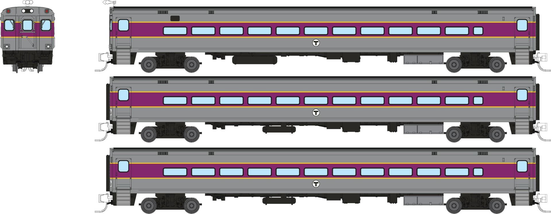 Rapido 528059 N Comet Car: MBTA - Late Scheme: Set #1 (Cab Car and 2 Coaches)