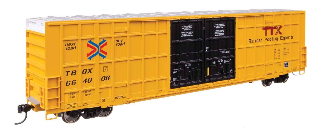 Walthers HO 3113 60' High Cube Plate F Horizontal Post Boxcar - TTX TBOX #664008 (yellow, black, Standard Lettering)