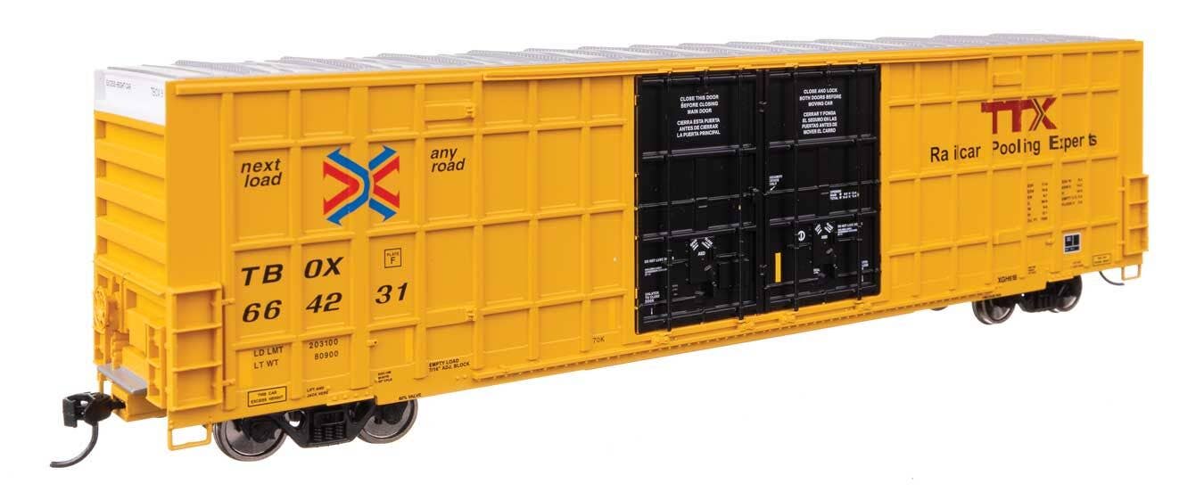 Walthers HO 3116 60' High Cube Plate F Horizontal Post Boxcar - TTX TBOX #664231 (yellow, black, Standard Lettering)