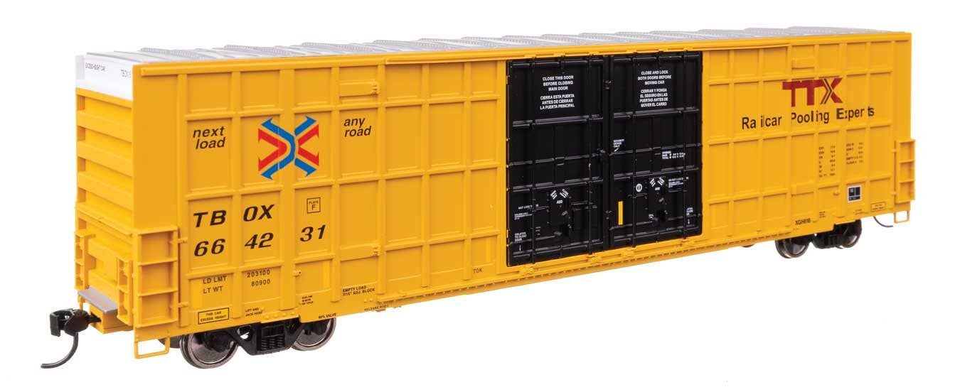 Walthers HO 3116 60' High Cube Plate F Horizontal Post Boxcar - TTX TBOX #664231 (yellow, black, Standard Lettering)
