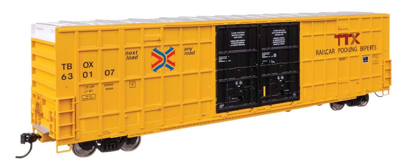 Walthers HO 3118 60' High Cube Plate F Horizontal Post Boxcar - TTX TBOX #630107 (yellow, black, High Lettering)