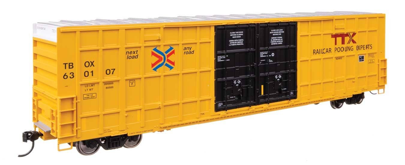 Walthers HO 3118 60' High Cube Plate F Horizontal Post Boxcar - TTX TBOX #630107 (yellow, black, High Lettering)