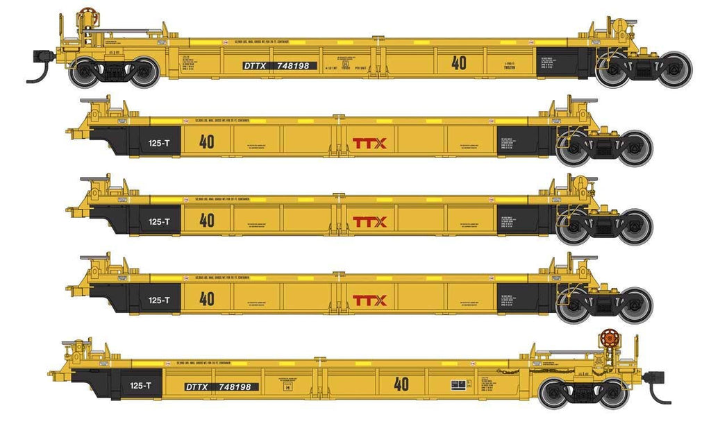 Walthers HO 55628 Thrall 5-Unit Rebuilt 40' Well Car - TTX DTTX #748198 A-E (yellow, black, small red logo, yellow conspicuity stri