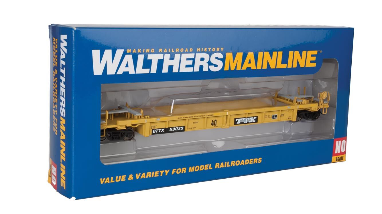 Walthers HO 5629 Thrall Rebuilt 40' Well Car - Trailer-Train DTTX #53033 (yellow, black; Black & White Logo)