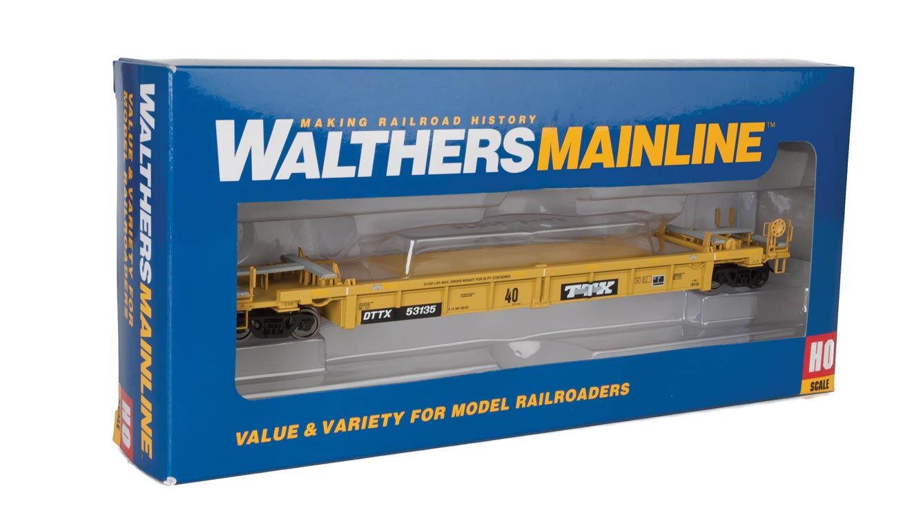 Walthers HO 5631 Thrall Rebuilt 40' Well Car - Trailer-Train DTTX #53135 (yellow, black; Black & White Logo)