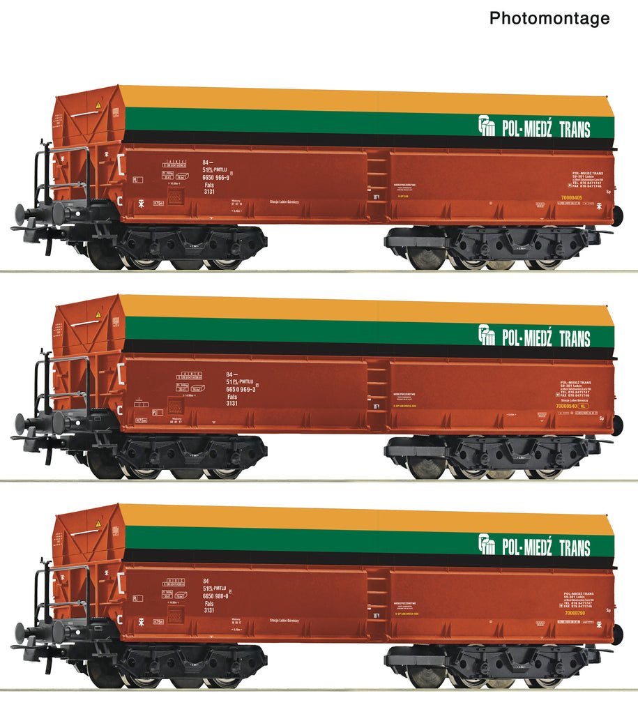 Roco 6600218 HO 3 piece set: Self-unloading hopper wagons, PMT
