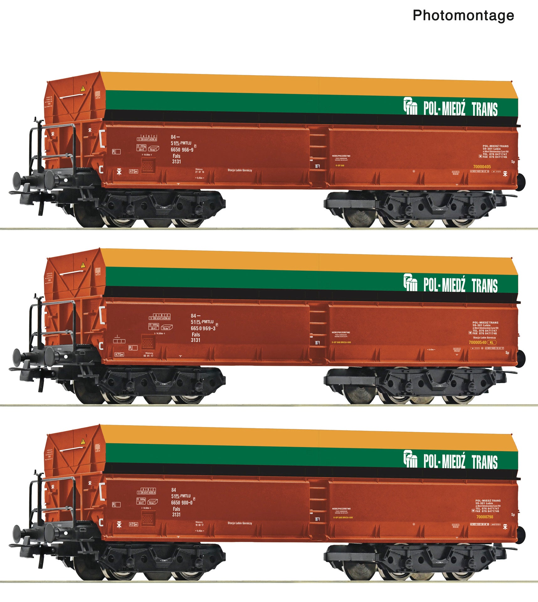 Roco 6600218 HO 3 piece set: Self-unloading hopper wagons, PMT
