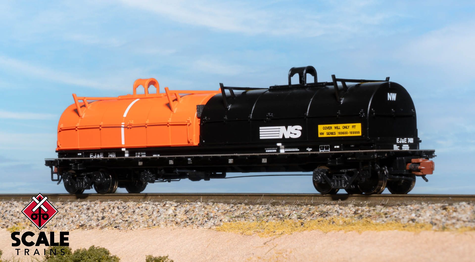 ScaleTrains SXT39495 Rivet Counter N Scale Thrall 48' 2-Hood Coil Steel Car, Elgin Joliet & Eastern/Black Carbody/EJ&E Orange Hood and NS Black Hood 7401