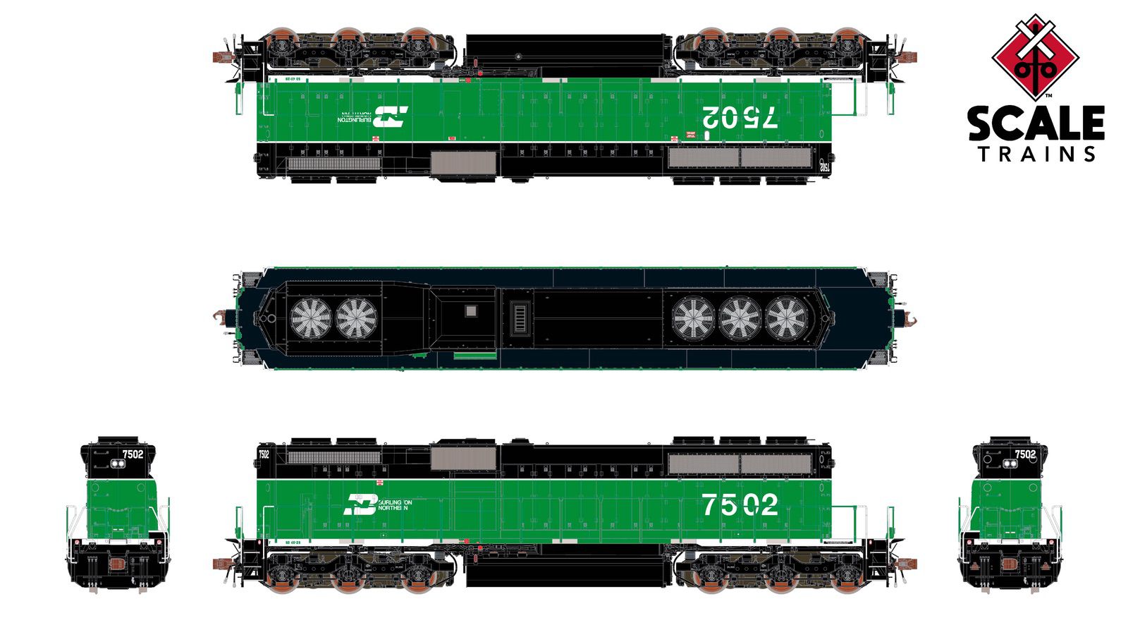 ScaleTrains SXT40763 Rivet Counter HO Scale EMD SD40-2B, Burlington Northern/White Face 7502 DCC & Sound Equipped