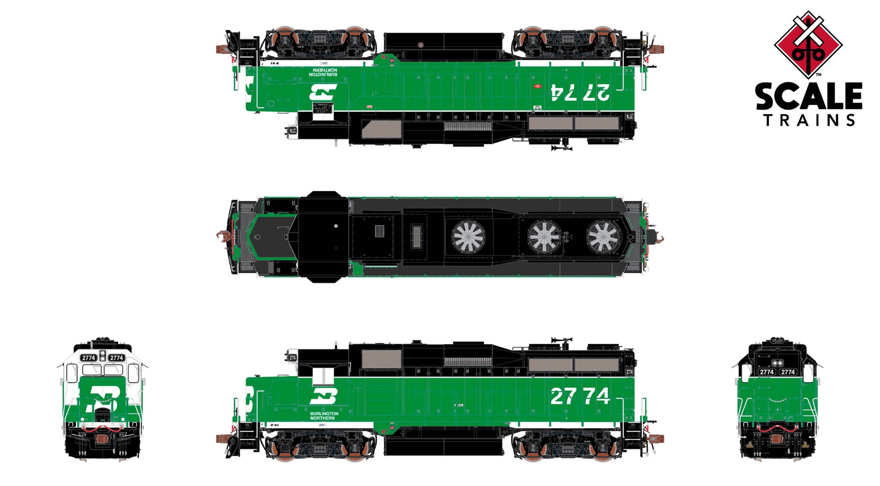 ScaleTrains SXT40933 Rivet Counter HO Scale EMD GP39E, Burlington Northern/White Face/Strobe Lights 2762 DCC & Sound Equipped