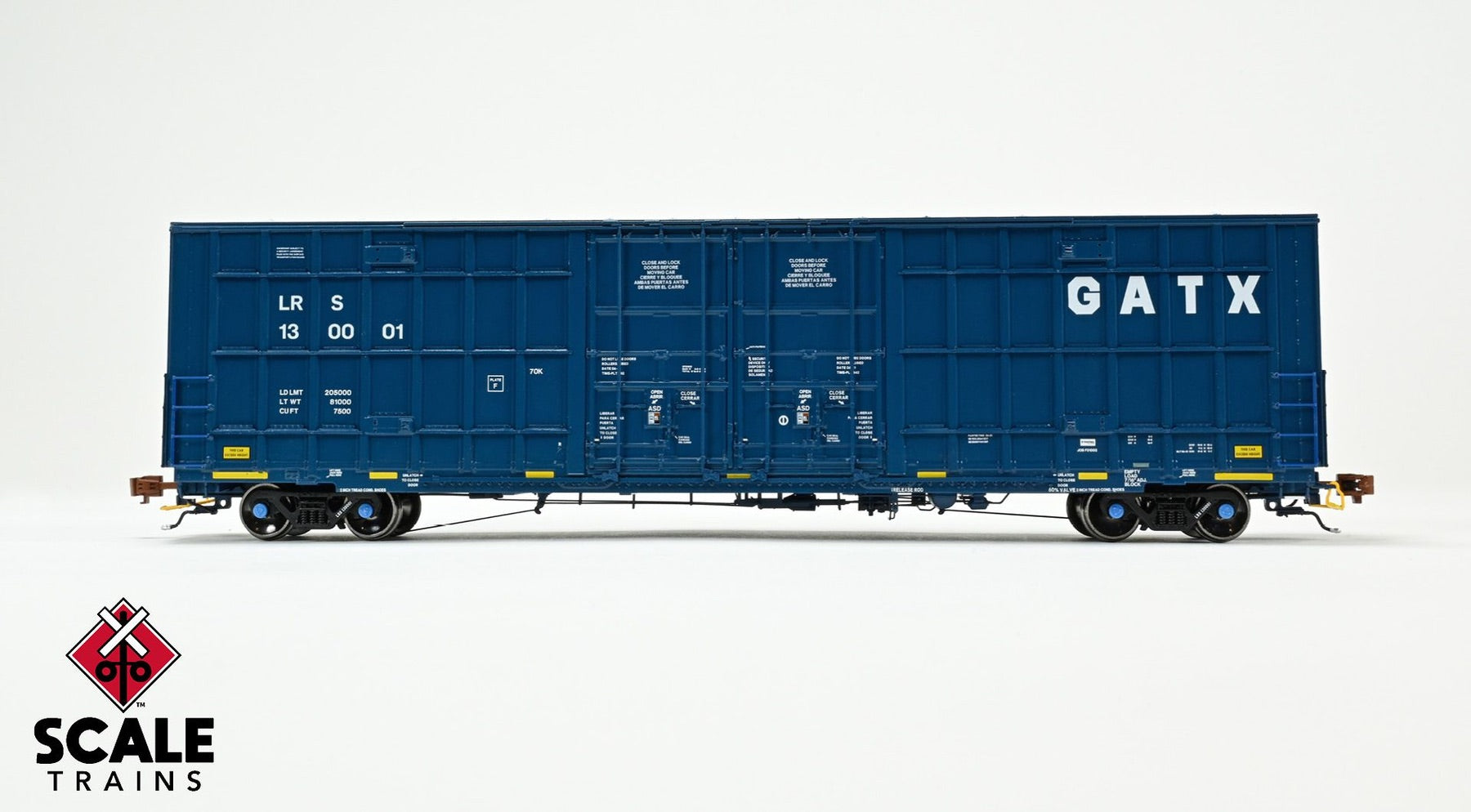 ScaleTrains SXT41004 Rivet Counter HO Scale Trinity 60' 7500 8' Double-Plug-Door High-Cube Boxcar, GATX/English & Spanish Door Data/Conspicuity Stripes/LRS 130001