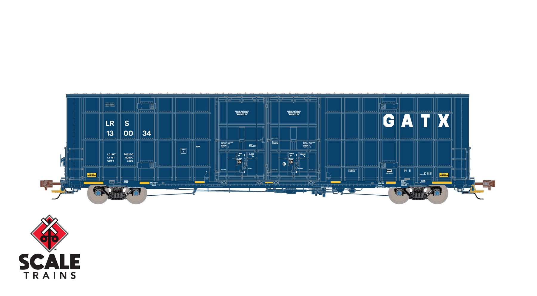 ScaleTrains SXT41006 Rivet Counter HO Scale Trinity 60' 7500 8' Double-Plug-Door High-Cube Boxcar, GATX/English Door Data/Conspicuity Stripes/LRS 130063