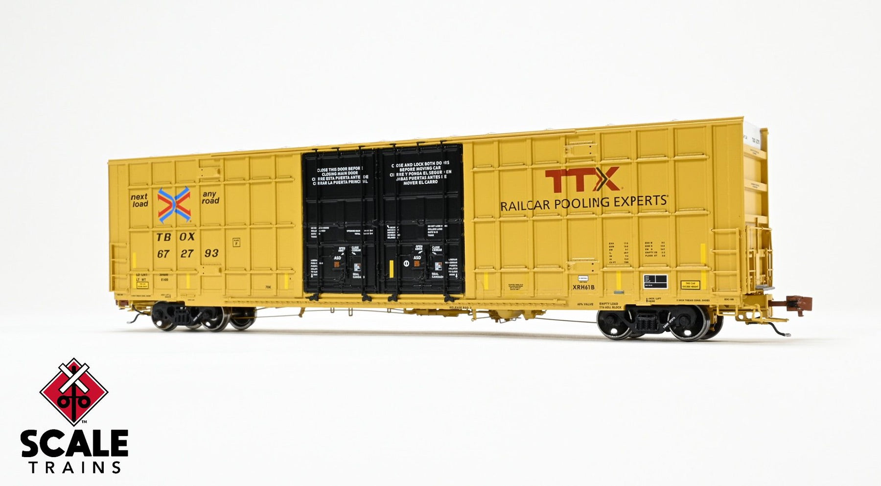 ScaleTrains SXT41010 Rivet Counter HO Scale Trinity 60' 7500 8' Double-Plug-Door High-Cube Boxcar (XRH61B), TTX/Conspicuity Stripes/TBOX 672793