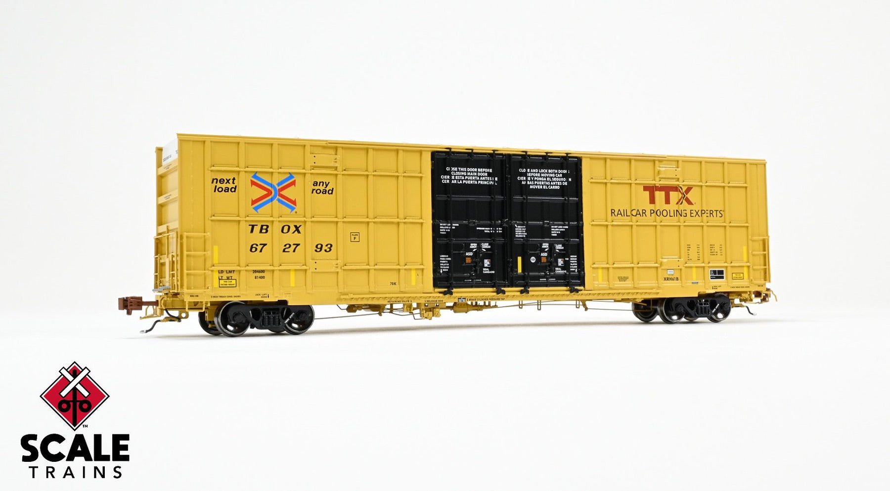 ScaleTrains SXT41010 Rivet Counter HO Scale Trinity 60' 7500 8' Double-Plug-Door High-Cube Boxcar (XRH61B), TTX/Conspicuity Stripes/TBOX 672793