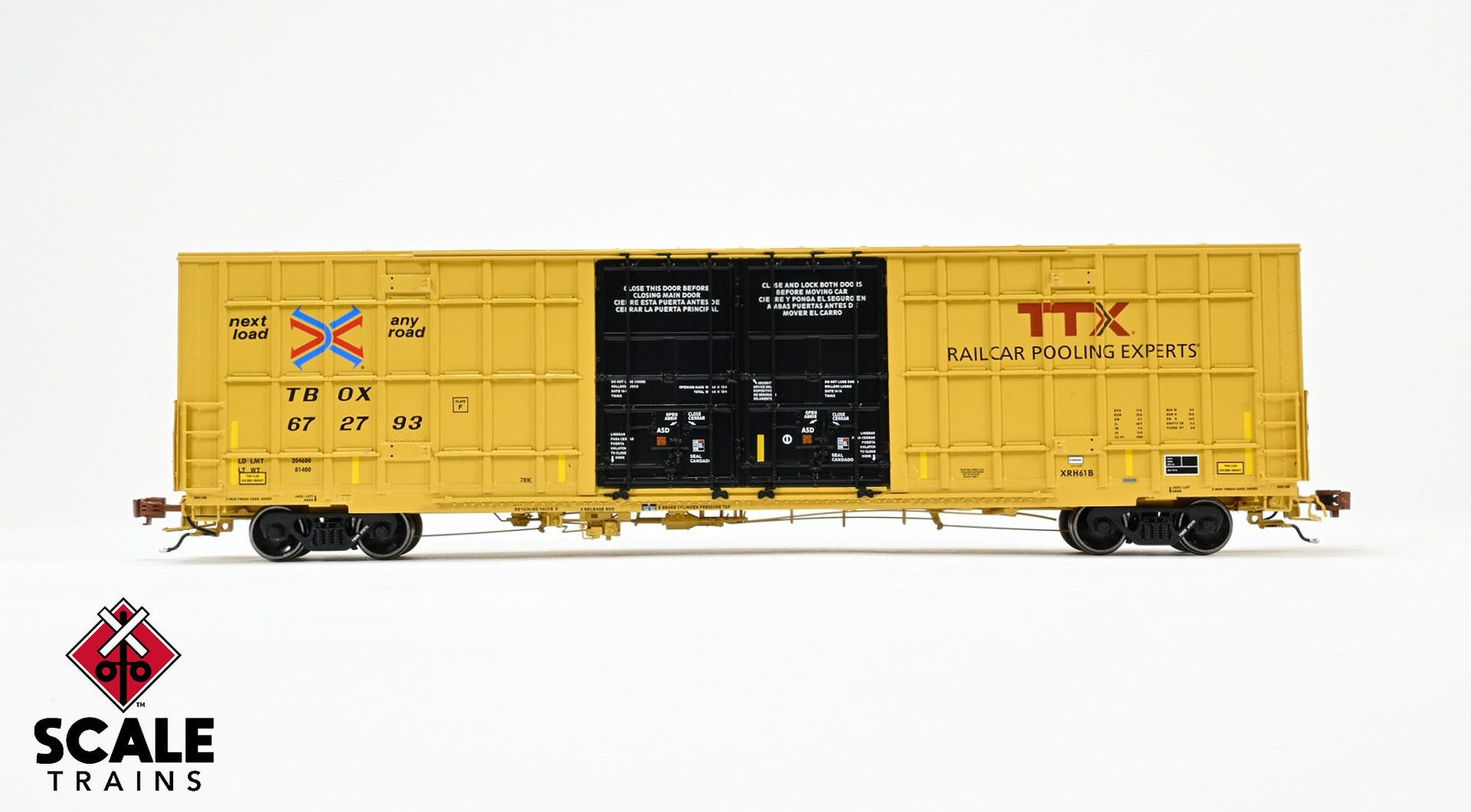 ScaleTrains SXT41010 Rivet Counter HO Scale Trinity 60' 7500 8' Double-Plug-Door High-Cube Boxcar (XRH61B), TTX/Conspicuity Stripes/TBOX 672793