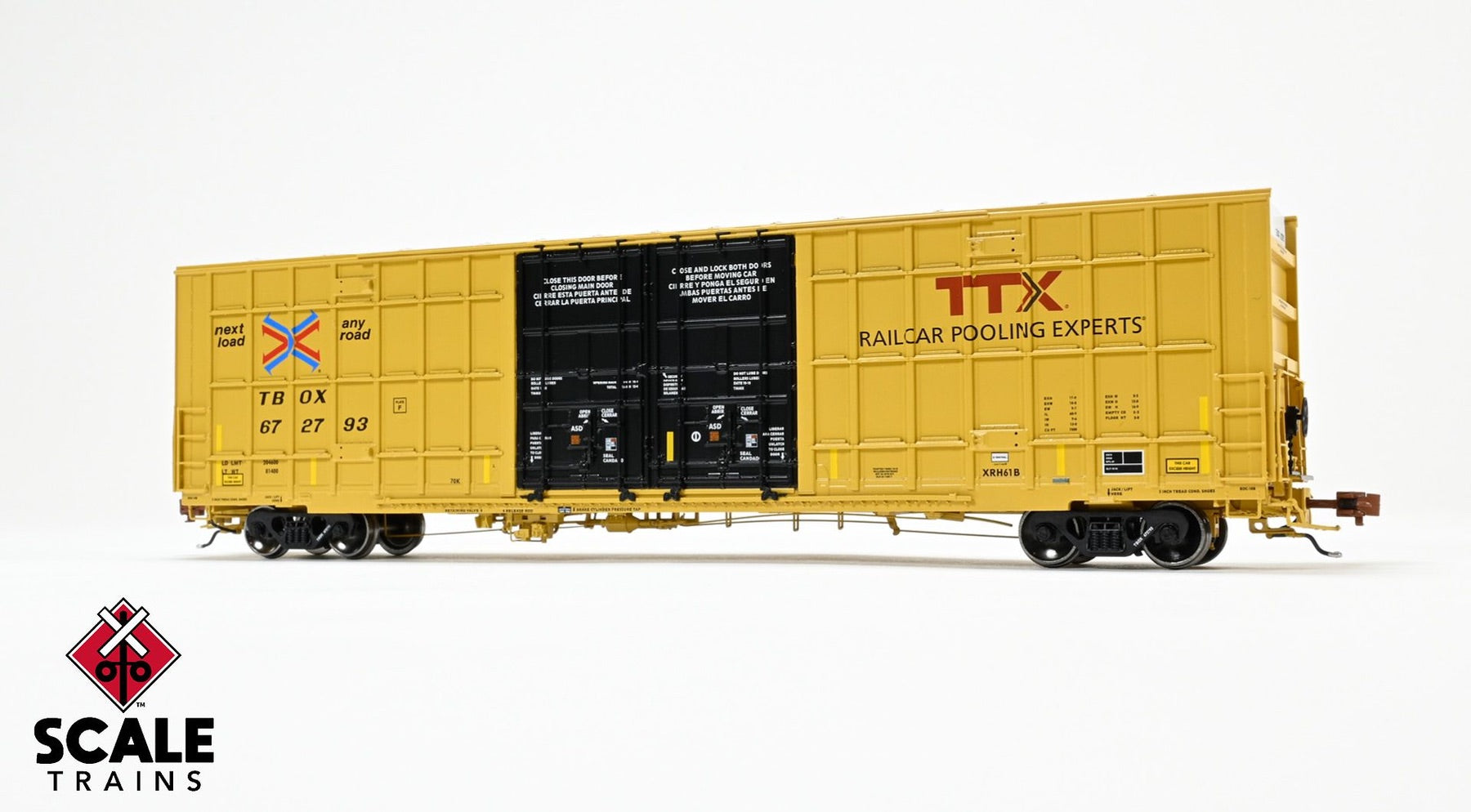 ScaleTrains SXT41010 Rivet Counter HO Scale Trinity 60' 7500 8' Double-Plug-Door High-Cube Boxcar (XRH61B), TTX/Conspicuity Stripes/TBOX 672793