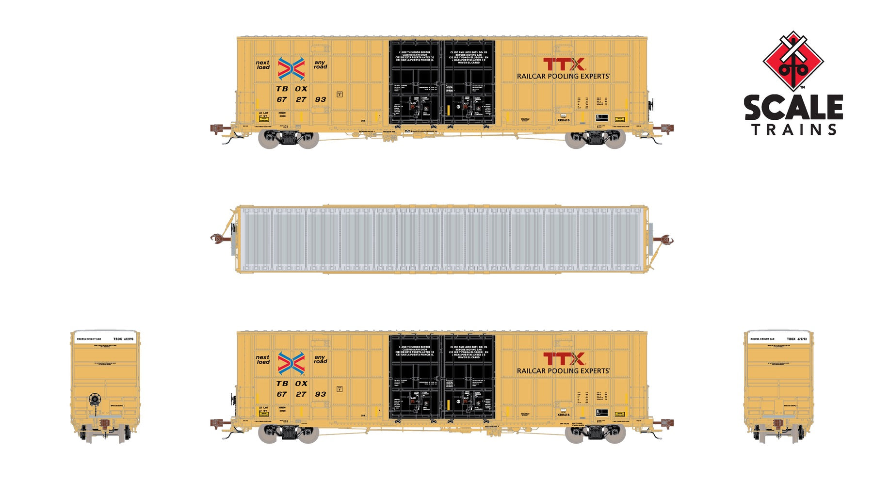 ScaleTrains SXT41010 Rivet Counter HO Scale Trinity 60' 7500 8' Double-Plug-Door High-Cube Boxcar (XRH61B), TTX/Conspicuity Stripes/TBOX 672793