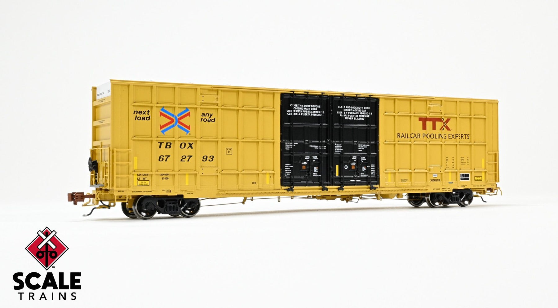 ScaleTrains SXT41012 Rivet Counter HO Scale Trinity 60' 7500 8' Double-Plug-Door High-Cube Boxcar (XRH61B), TTX/Conspicuity Stripes/TBOX 672814