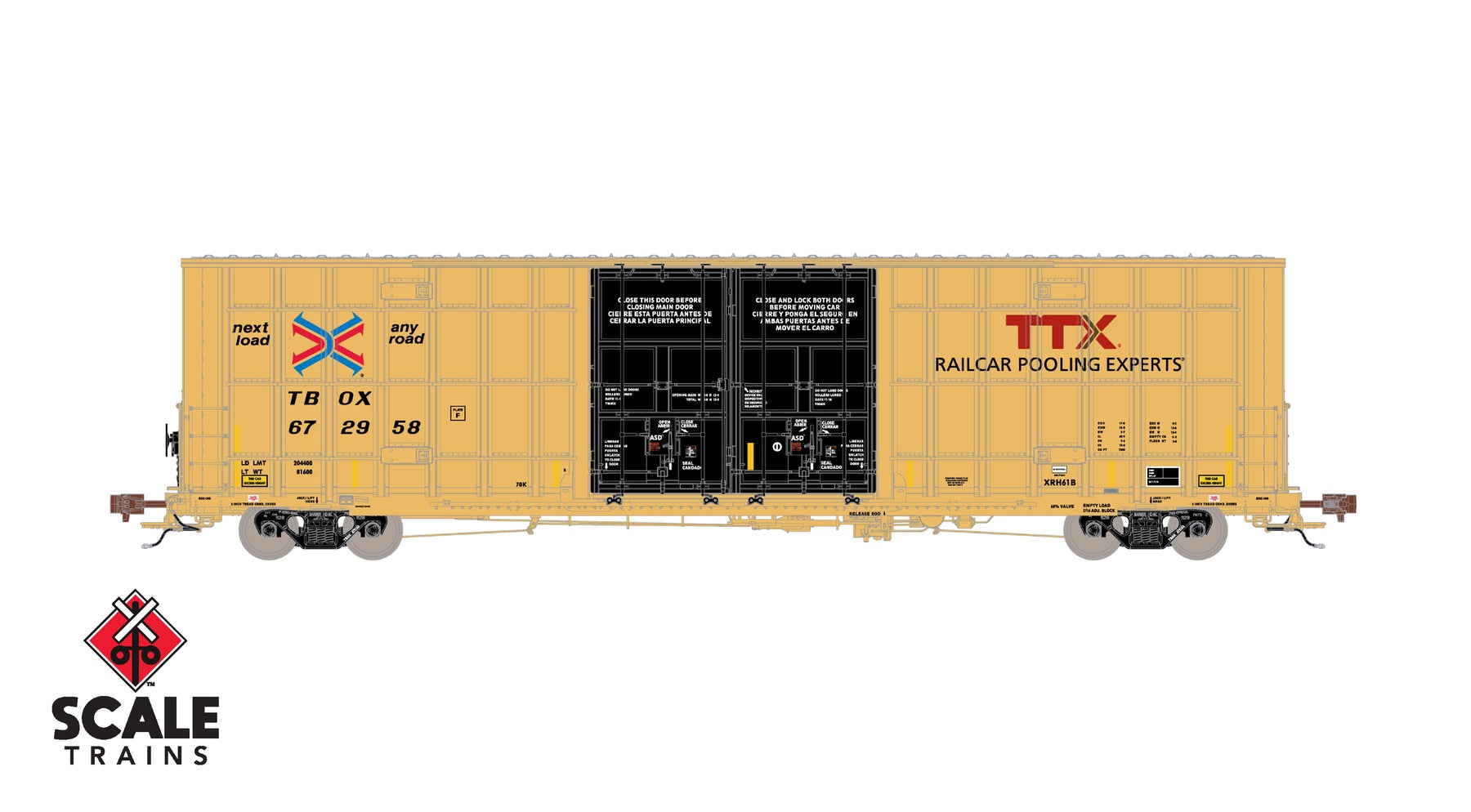 ScaleTrains SXT41012 Rivet Counter HO Scale Trinity 60' 7500 8' Double-Plug-Door High-Cube Boxcar (XRH61B), TTX/Conspicuity Stripes/TBOX 672814