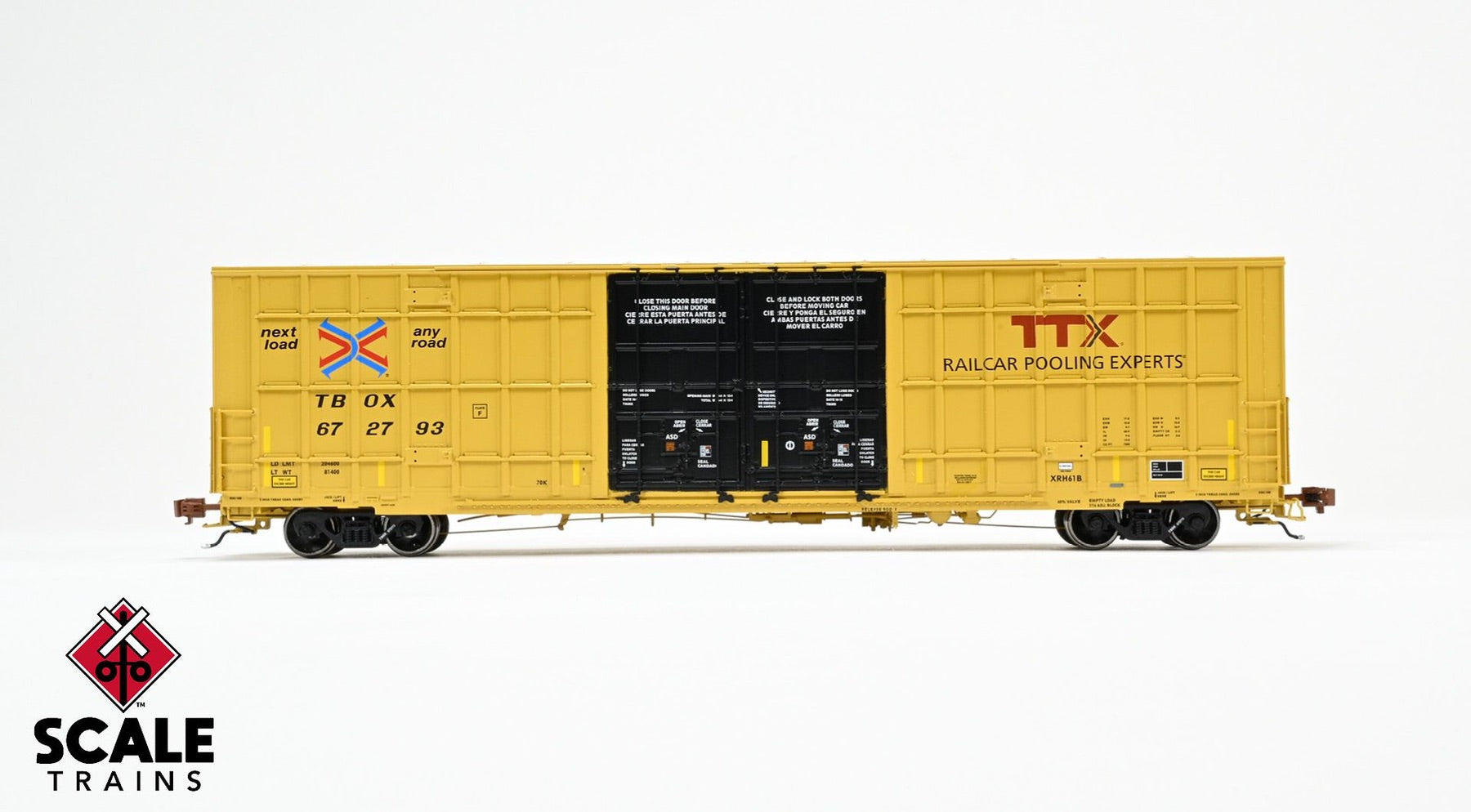 ScaleTrains SXT41013 Rivet Counter HO Scale Trinity 60' 7500 8' Double-Plug-Door High-Cube Boxcar (XRH61B), TTX/Conspicuity Stripes/TBOX 672845