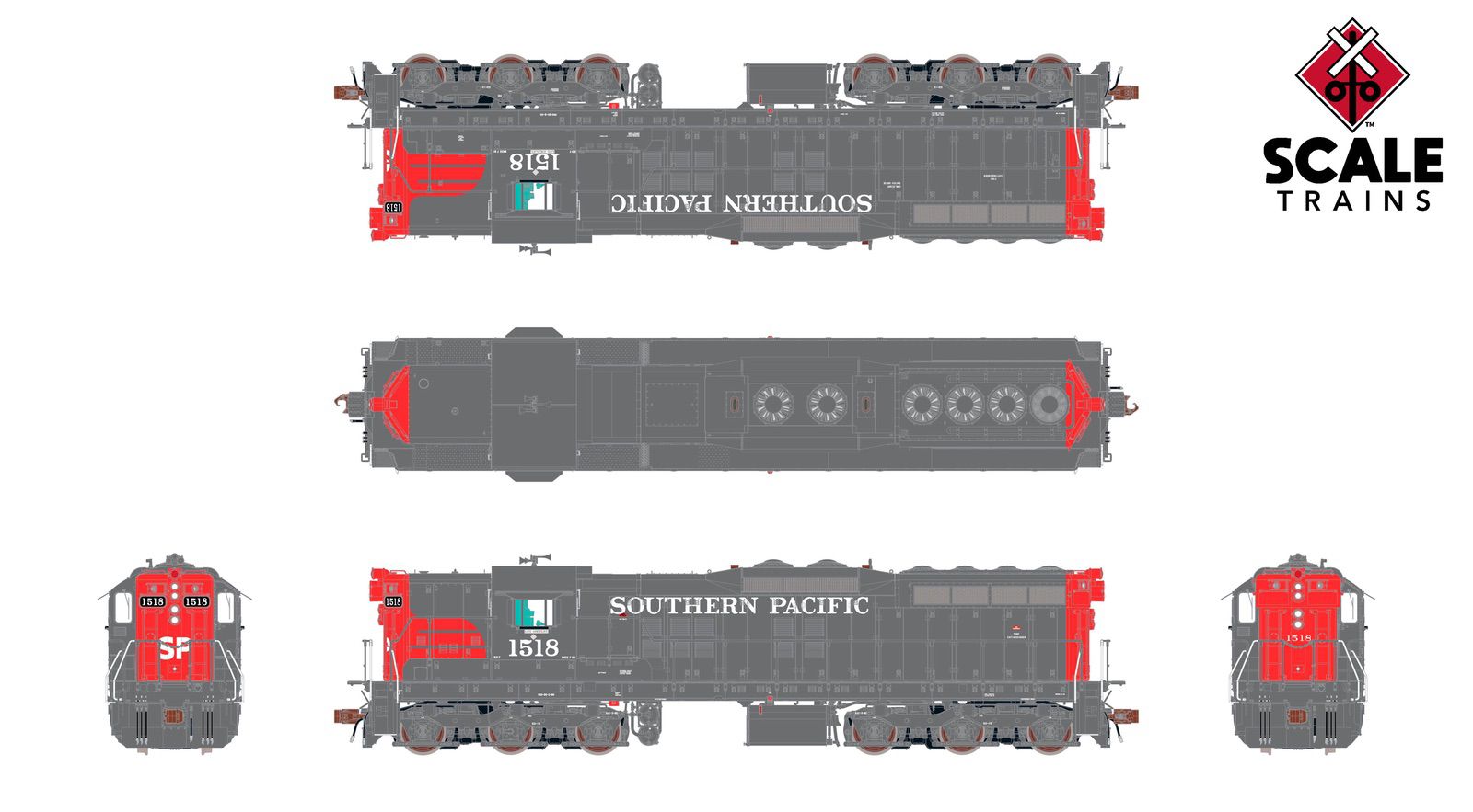 ScaleTrains SXT41192 Rivet Counter HO Scale EMD SD7R, Southern Pacific/Bloody Nose 1518 DCC & Sound Equipped