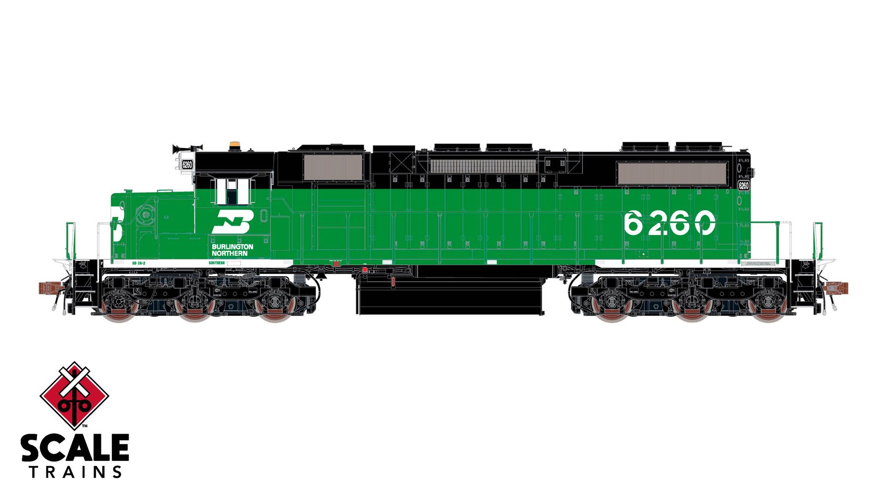 ScaleTrains SXT41233 Rivet Counter HO Scale EMD SD38-2, Burlington Northern/White Face/Beacon 6260 DC/DCC Ready
