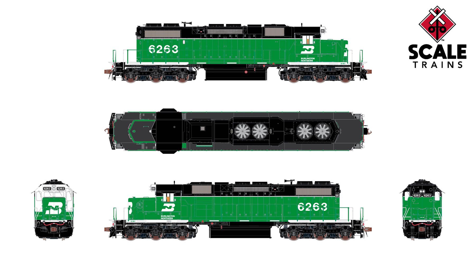ScaleTrains SXT41236 Rivet Counter HO Scale EMD SD38-2, Burlington Northern/White Face/No Beacon 6263 DCC & Sound Equipped