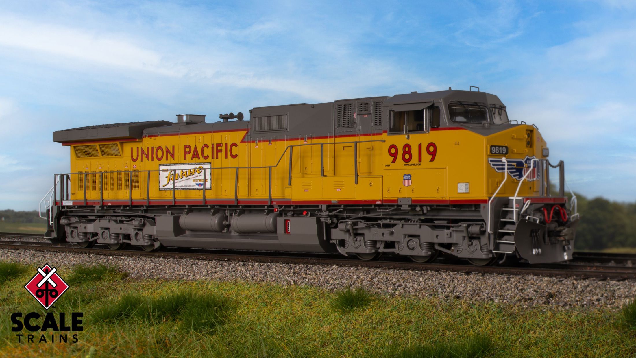 ScaleTrains SXT41589 Rivet Counter HO Scale GE DASH 9-44CW, Union Pacific/Winged Nose Logo/"The Future Network" Side Logos/Red Sill Stripe 9819 DCC & Sound Equipped