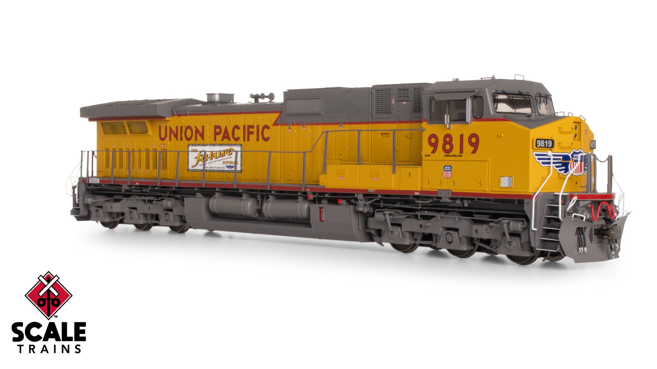 ScaleTrains SXT41589 Rivet Counter HO Scale GE DASH 9-44CW, Union Pacific/Winged Nose Logo/"The Future Network" Side Logos/Red Sill Stripe 9819 DCC & Sound Equipped