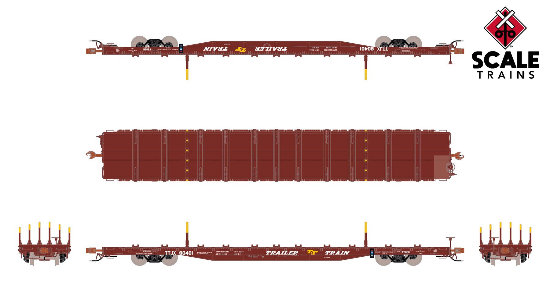 ScaleTrains SXT41742 Rivet Counter HO Scale BSC F68BH Finger Rack Flatcar, Trailer Train/Oxide Red/As Delivered/TTJX 80401