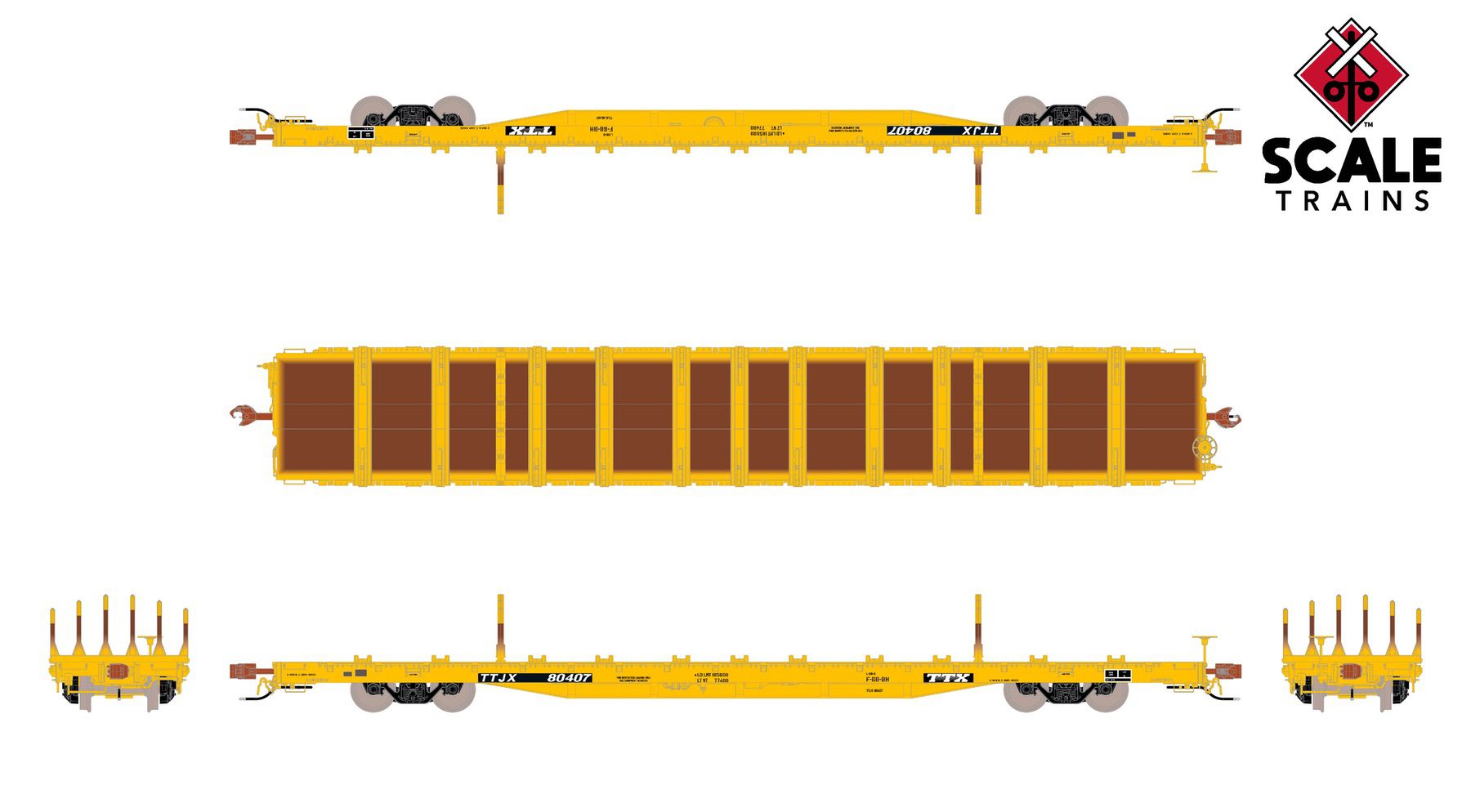 ScaleTrains SXT41745 Rivet Counter HO Scale BSC F68BH Finger Rack Flatcar, TTX/Yellow Full Repaint/1991 Speed Logo 80407