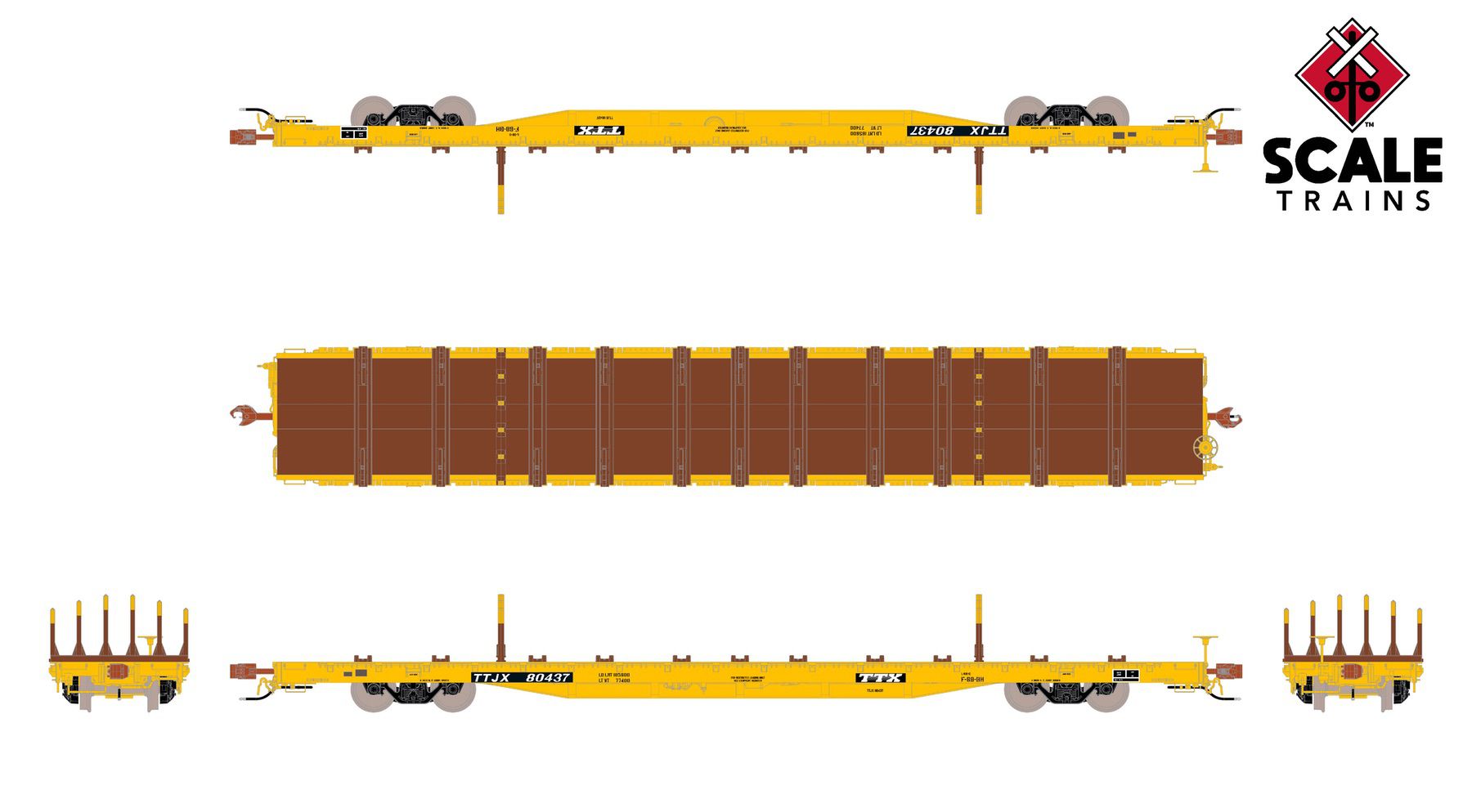 ScaleTrains SXT41746 Rivet Counter HO Scale BSC F68BH Finger Rack Flatcar, TTX/Yellow Full Repaint/1991 Speed Logo 80413
