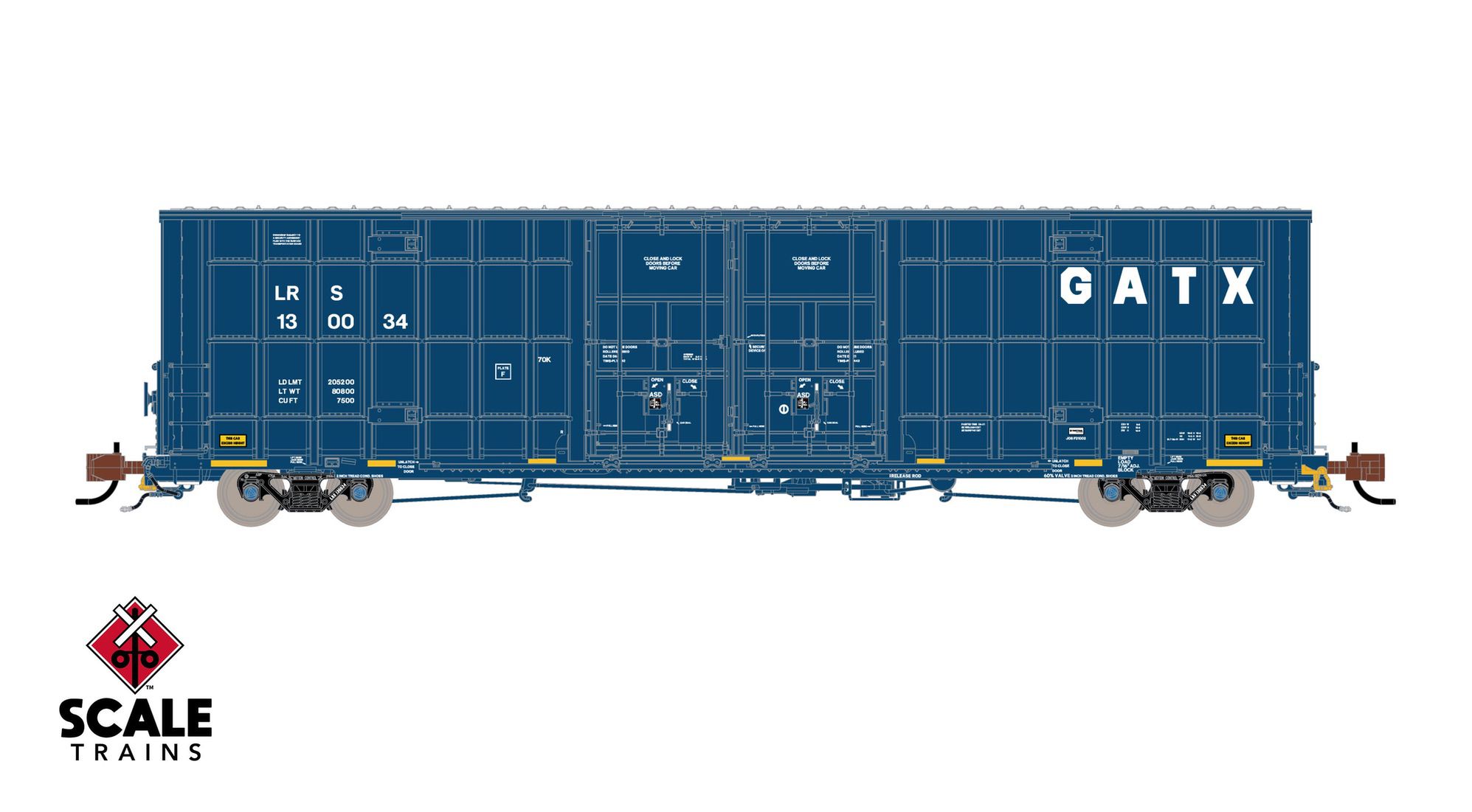 ScaleTrains SXT41798 Rivet Counter N Scale Trinity 60' 7500 8' Double-Plug-Door High-Cube Boxcar, GATX/English Door Data/Conspicuity Stripes/LRS 130063